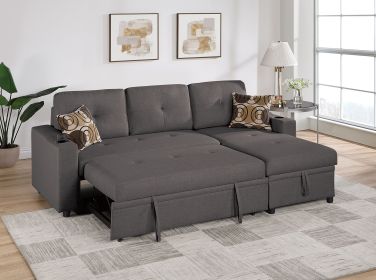 Ash Black Dorris Fabric Convertible Sectional Sofa Pull out Bed Couch Storage Chaise Cup Holders Pillows 2pc Sectional Living Room